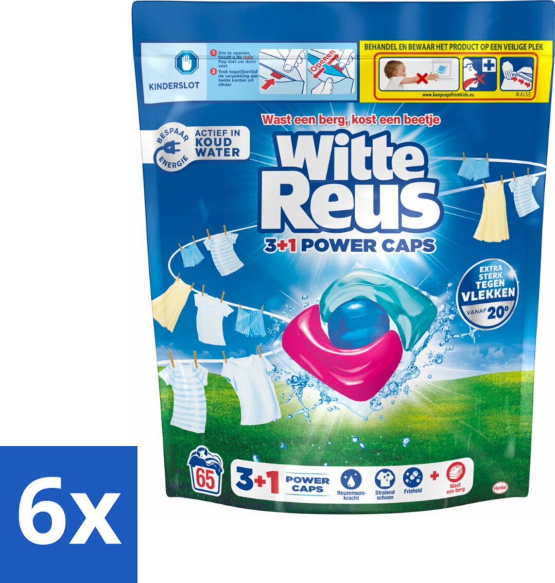 6 x Witte Reus - 3+1 Power Caps - Witte Was - 65 Wasbeurten - Wascapsules - Wit Wasgoed - Wasmiddel - Vlekkenverwijderaar - Energiezuinig Wassen