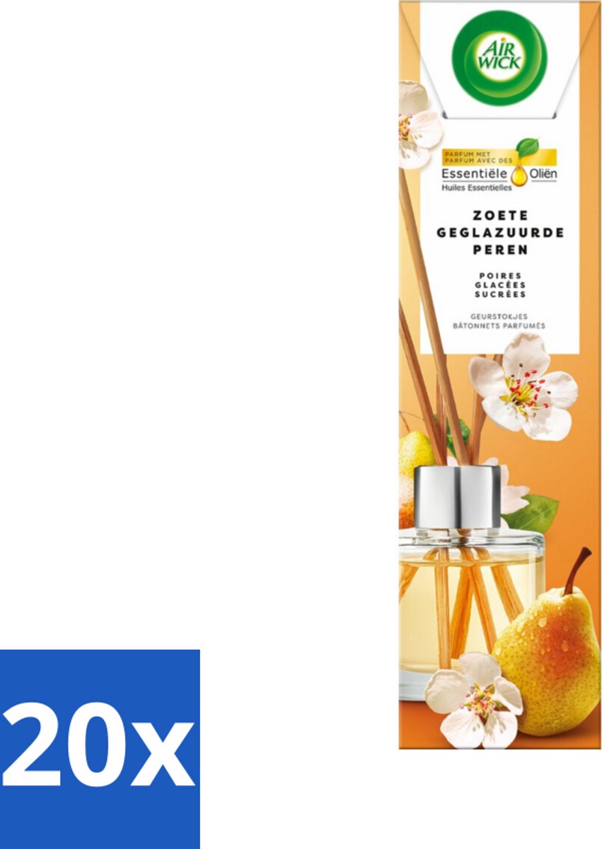 20 x Air Wick - Geurstokjes - Zoete Gekarameliseerde Peer - Essentiële Oliën - 40 ml - Geurstokjes - Geurverspreider - Essentiële Oliën - Gekarameliseerde Peer - Zoete Geur