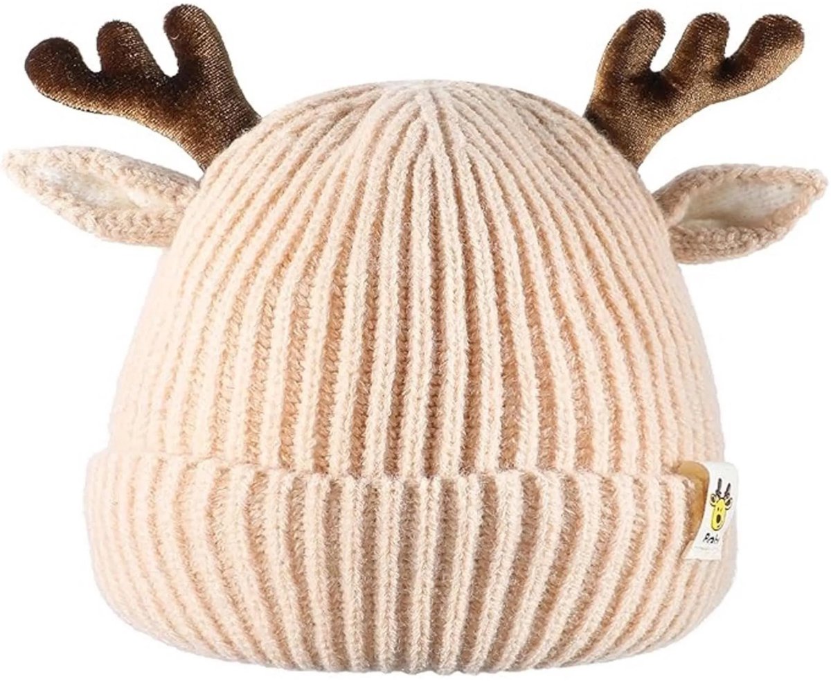 casalora - Winter Kindermutsen - Gebreide warme mutsen voor baby's - Zacht en warm - Geschikt voor zowel jongens als meisjes - Kinderkerstmuts met oren en rendiergewei - Cadeau - Beige