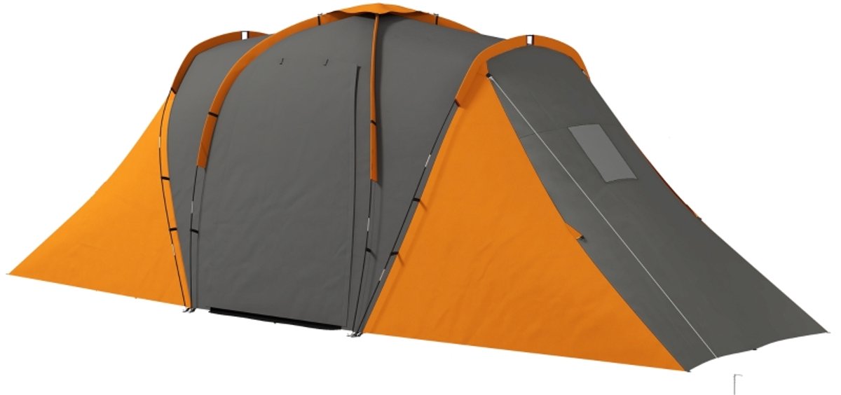 Tent 555 x 225 x 190 cm oranje + grijs polyester, kampeertent, ontwerp met drie ruimtes, gaasraamontwerp, inclusief opbergzak, stabiel en duurzaam, geschikt voor kamperen, familie en buiten