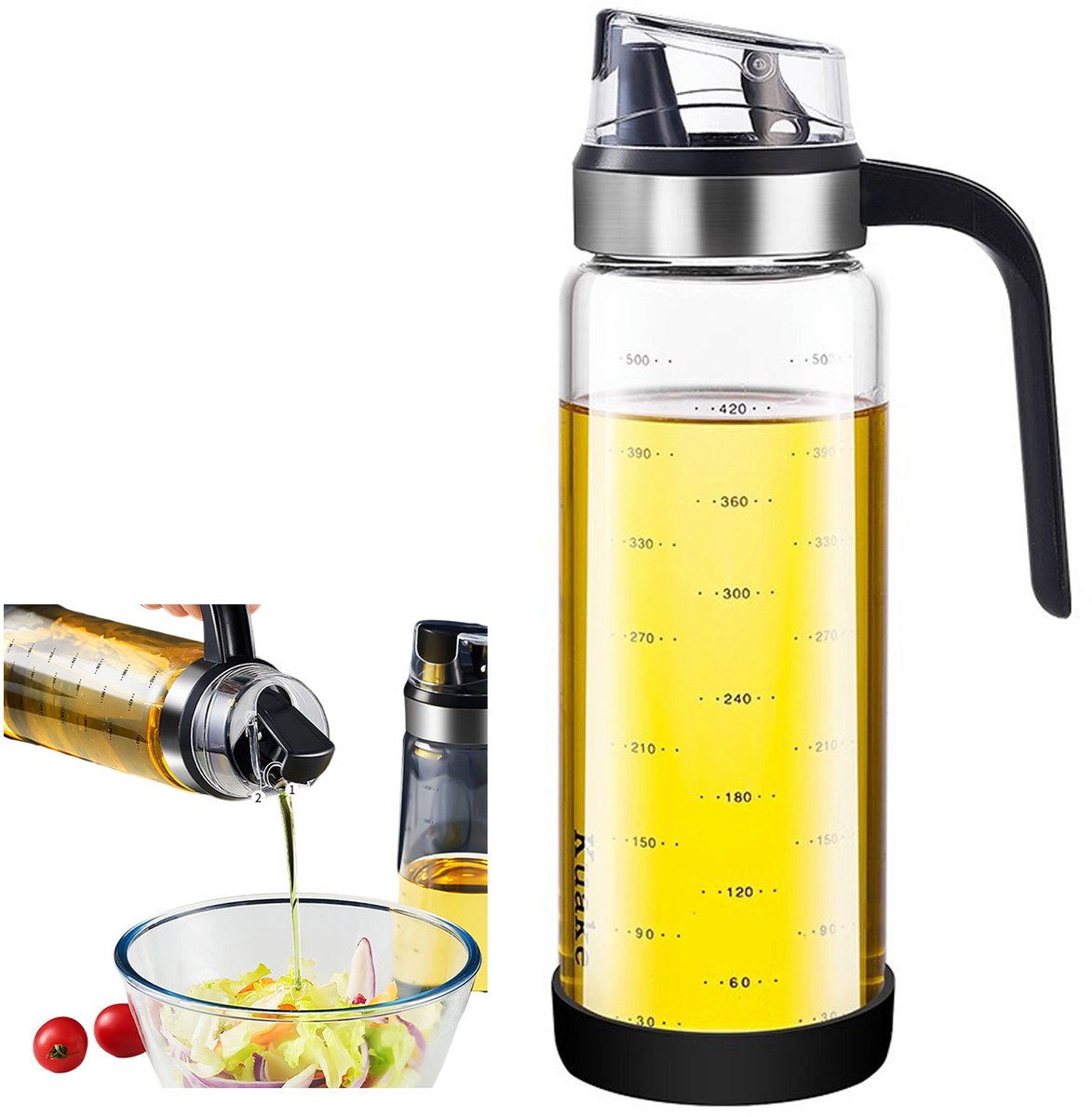 Wishdor Glazen olieflacon met handvat - Automatische schenktuit - Lekvrije oliedispenser voor in de keuken - Maataanduiding - Borosilicaatglas - 550 ml