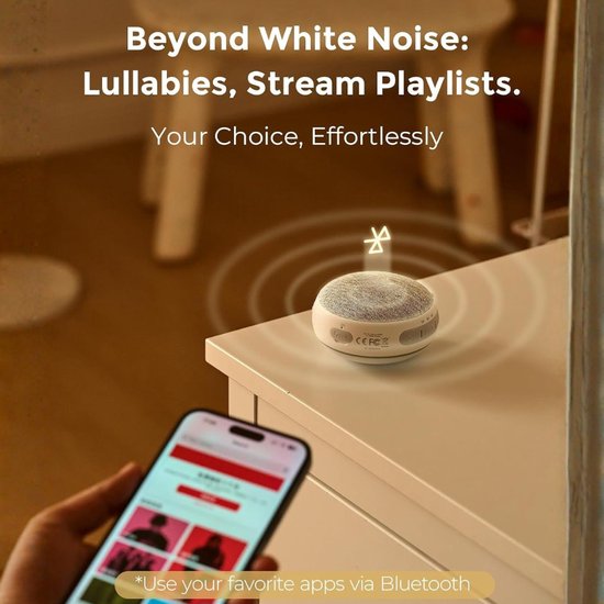 Verte White Noise Machine - 20 Rustgevende Geluiden - Kan Aan De Kinderwagen Worden Bevestigd - Oplaadbare Batterij Met Een Gebruiksduur Van 10 Uur - Automatische Uitschakeltimer - Veiligheidsvergrendeling En Bluetooth-Verbinding van Verte — afbeelding 4