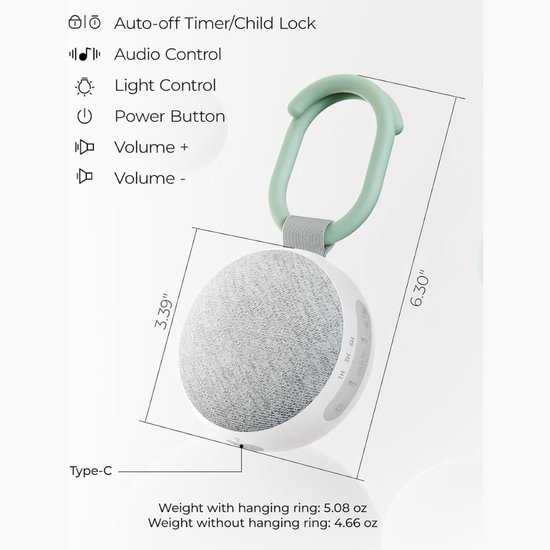 Verte White Noise Machine - 20 Rustgevende Geluiden - Kan Aan De Kinderwagen Worden Bevestigd - Oplaadbare Batterij Met Een Gebruiksduur Van 10 Uur - Automatische Uitschakeltimer - Veiligheidsvergrendeling En Bluetooth-Verbinding van Verte — afbeelding 3