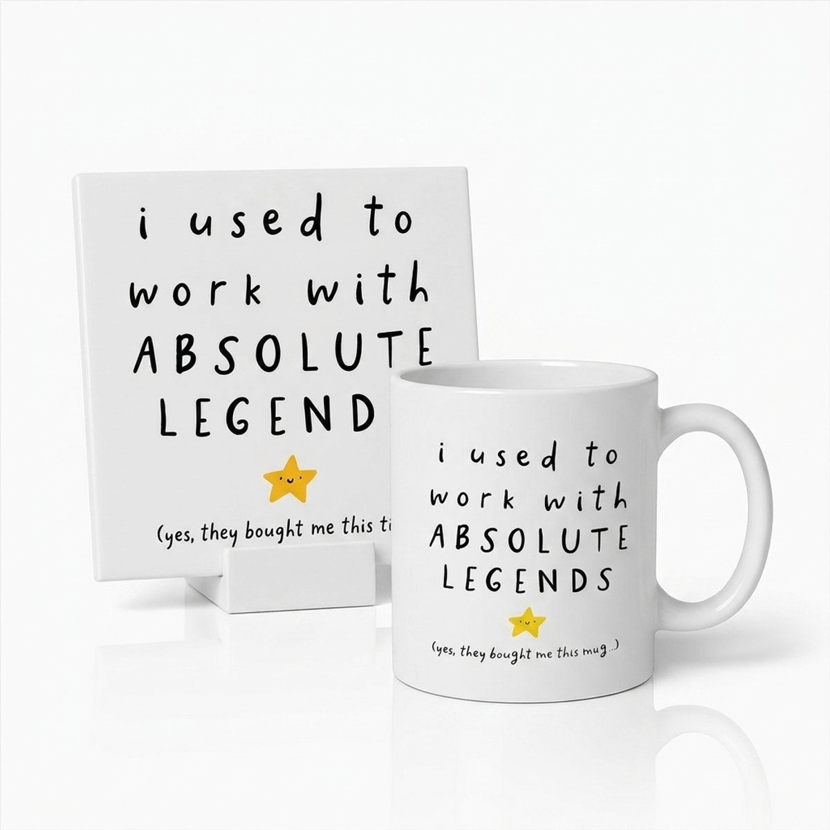 Bedruk King Afscheidsset - Mok 330 ml en Spreuktegel 15 x 15 cm met Houder - Ik Werkte Met Absolute Legends - Grappig Afscheidscadeau voor Collega bij Vertrek of Nieuwe Baan