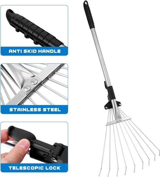Telescopische bladhark - Bladbezem - Verstelbare tuin bladhark - Gazonhark - Openklapbare draadhark - Metalen tuinhark - 9 strengs draad - Voor gazons, tuinen, bloemperken (53,5*12 cm - Zwart) — afbeelding 5