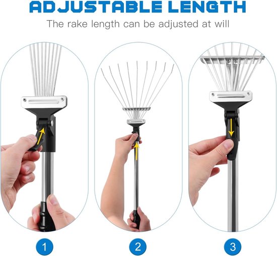 Telescopische bladhark - Bladbezem - Verstelbare tuin bladhark - Gazonhark - Openklapbare draadhark - Metalen tuinhark - 9 strengs draad - Voor gazons, tuinen, bloemperken (53,5*12 cm - Zwart) — afbeelding 4