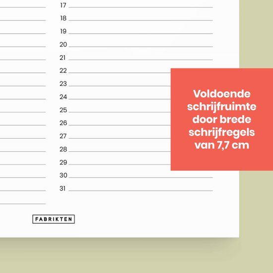 Gedetailleerde weergave van de schrijflijnen op een kalenderpagina, met brede regels van 7,7 cm.