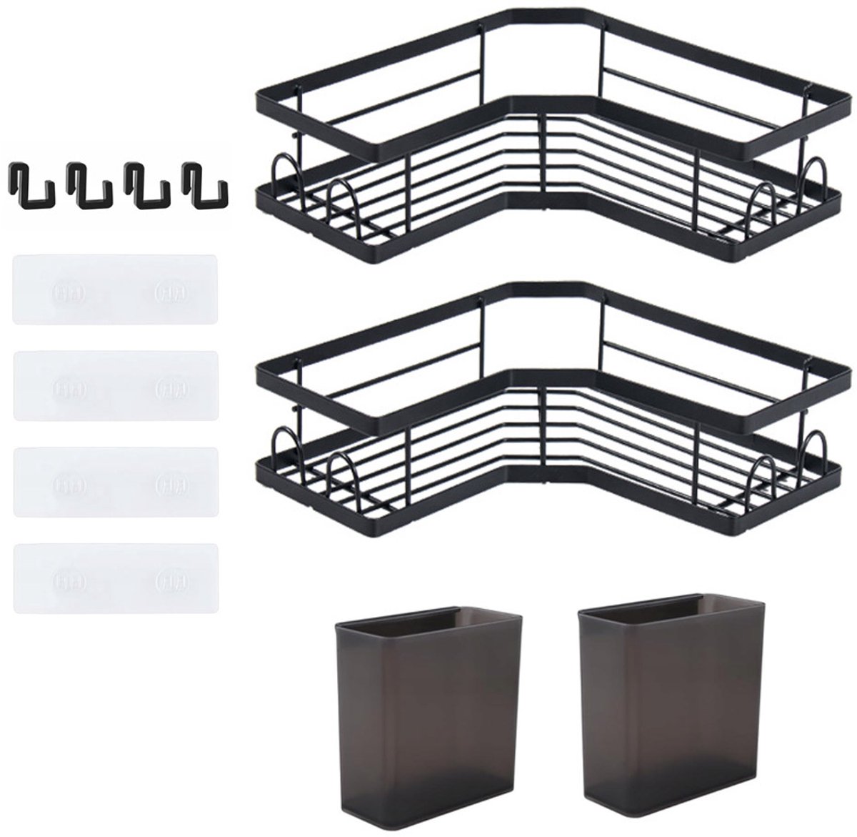 Wishdor Doucherek hoek zonder boren - Set van 2 badkamerrekjes zwart - Zelfklevende wandmontage - Roestvrij koolstofstaal - Inclusief haken en bekers - L 38 x B 12,5 x H 6,5 cm