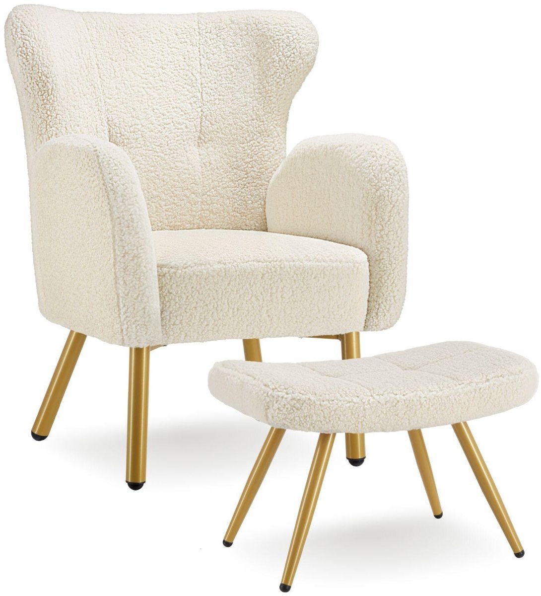 tectake® Fauteuil met Voetenbank – Bouclé Loungefauteuil met Dikke Vulling – Comfortabele Relaxstoel voor Woonkamer en Slaapkamer – Crème/Goud