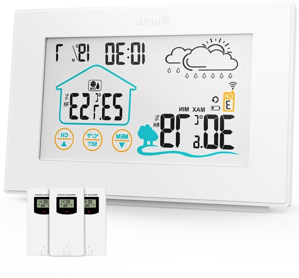 Draadloos weerstation - Thermometer hygrometer - Binnen en buiten - Touchscreen bediening - 3 buitensensoren - Wit