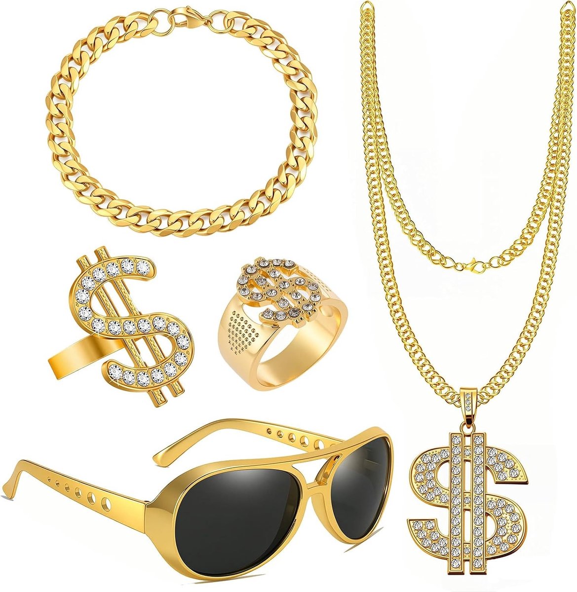 Set van 5 Gouden Kettingen voor Carnavalsoutfits uit de Jaren 80 en 90 - Hip Hop Accessoires, Armbanden, Ringen en Zonnebrillen voor Mannen