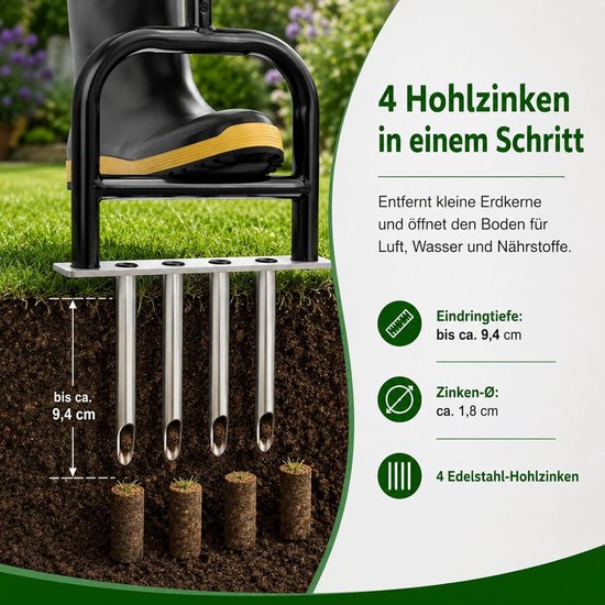 Handmatige Gazonbeluchter met 4 Tanden & Grasmand - RVS, 12 cm Diep, Hefboomwerking, voor Tuin & Sportveld tot 200 m² - ShopVlot — afbeelding 2