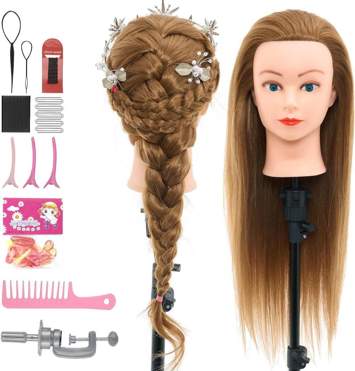 Kappershoofd Oefenhoofd - Haarstyling Model - Haar Oefenen - Met Tafelklem - 71 cm Haar - Goud