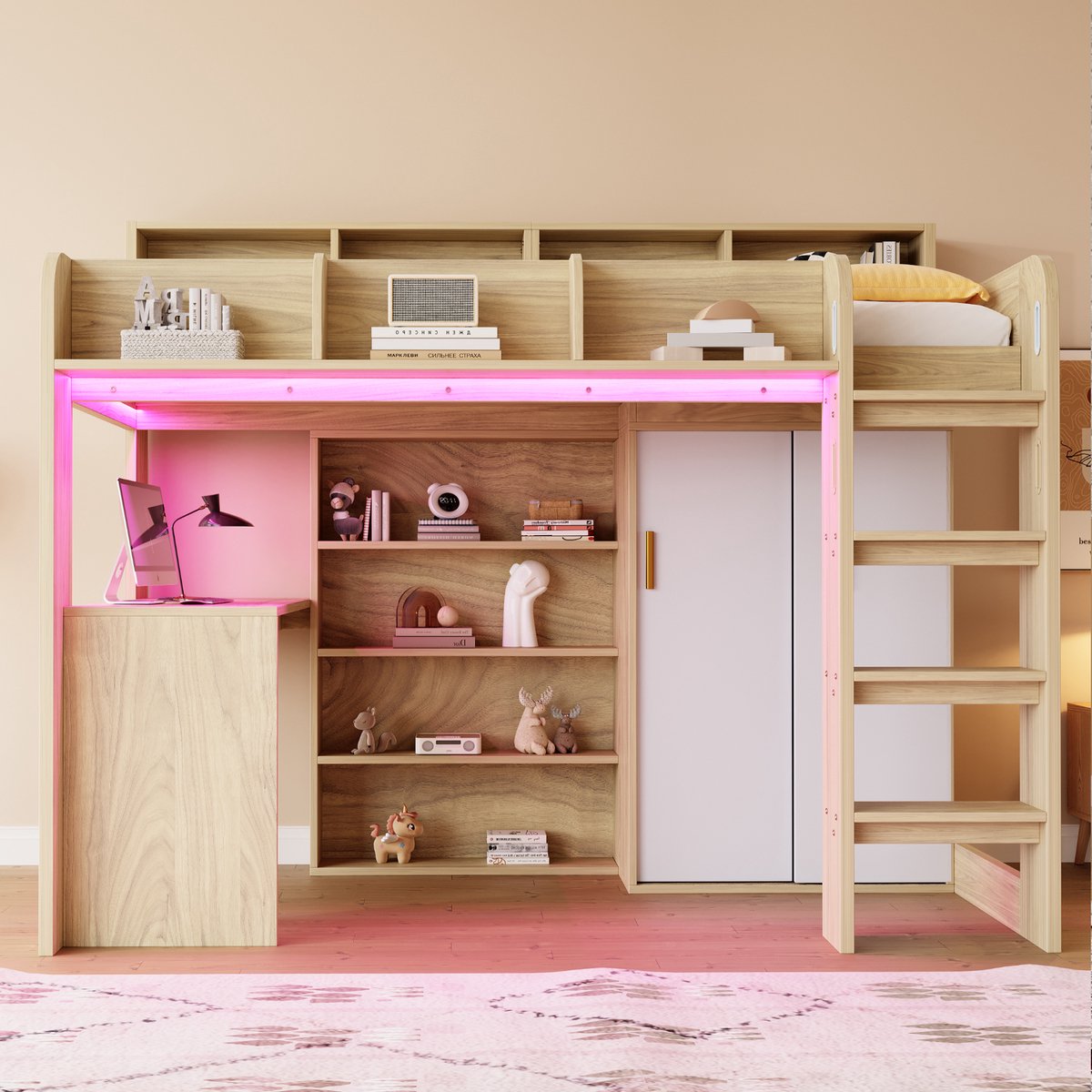 Stapelbed 90x200 cm - Met Opbergruimte - Met LED-verlichting - Met Stopcontact - Naturel Hout
