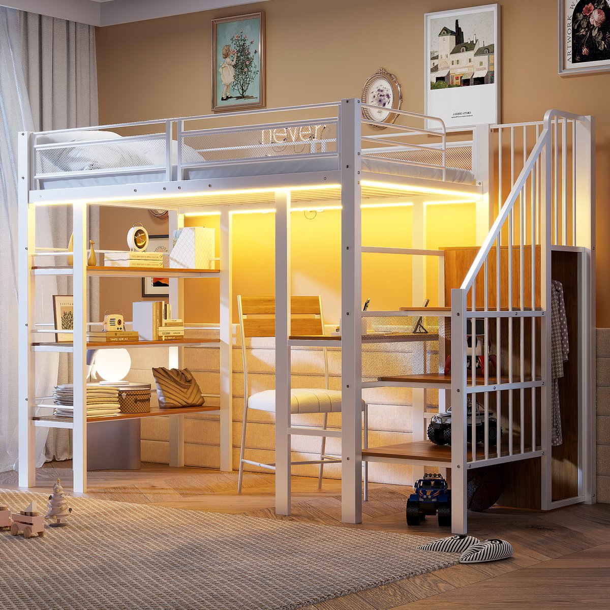 Stapelbed 90x200 cm - Met Opbergruimte - Met LED-verlichting - Met Stopcontact - Wit