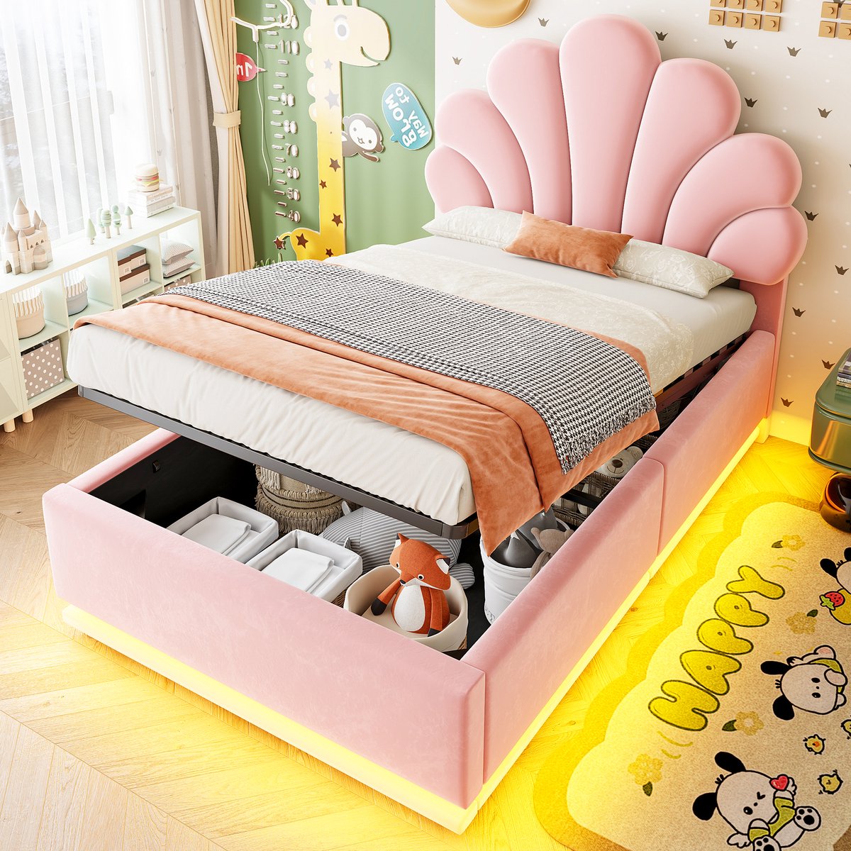 Gepolsterd Bed 90x200 cm - Met Opbergruimte - Met LED-verlichting - Met Hoofdeinde - Roze