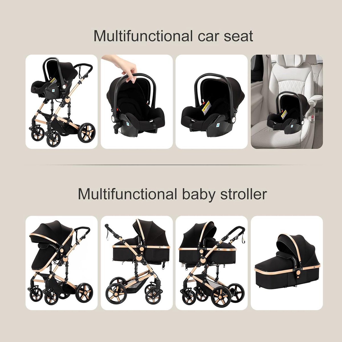Baby Kinderwagen - Reiswieg Set - Onderweg Genieten - 3-in-1 Modulair Systeem - 82 cm - Zwart Goud