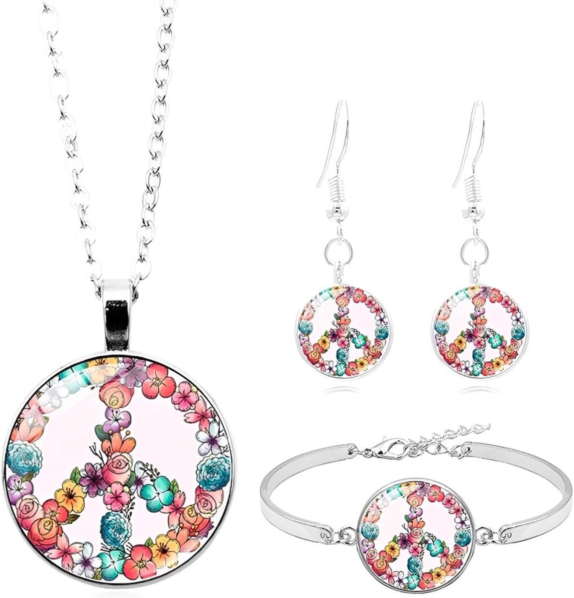 Hippie Kostuum Accessoires Set voor Dames, 70er jaren Bloem Power, Peace Kette, Ohrringen en Zonnebril voor Motto Party, Halloween en Karneval