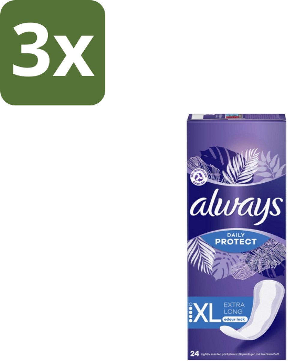 3 x Always – Inlegkruisjes – Extra Long – 24 Inlegkruisjes - Inlegkruisjes - Extra Lang - Dagelijkse Bescherming - Fris Gevoel - Absorberende Inlegkruisjes