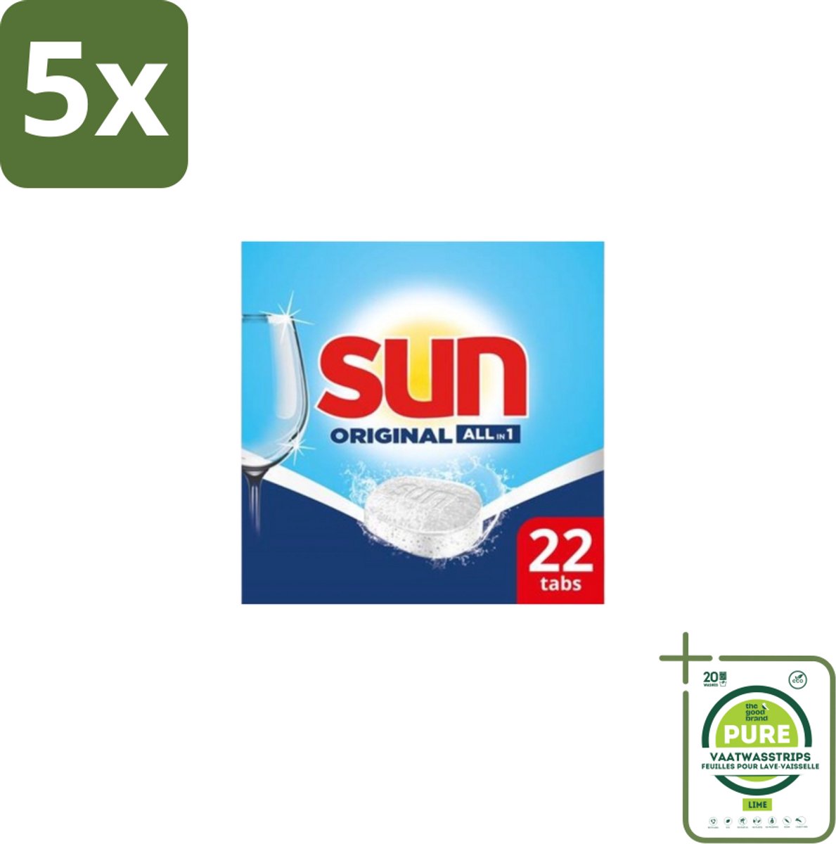 5 x Sun – Vaatwastabletten – All-in-1 Original – 22 tabletten - Grootverpakking - Vaatwastabletten - Vaatwassen - Reinigen - Glans - Spoelglans