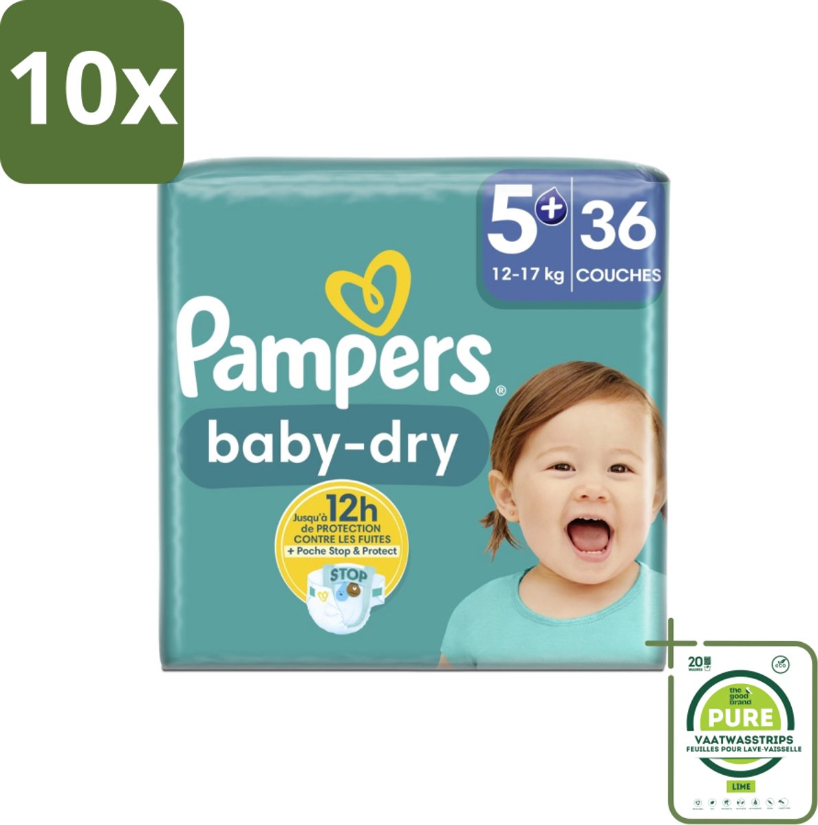 10 x Pampers – Luiers – Baby-Dry Maat 5+ (12-17 kg) – 36 Luiers - Grootverpakking - Baby-luiers - Droge Huid - Droge Luiers - Baby Droogheid - Droge Luier