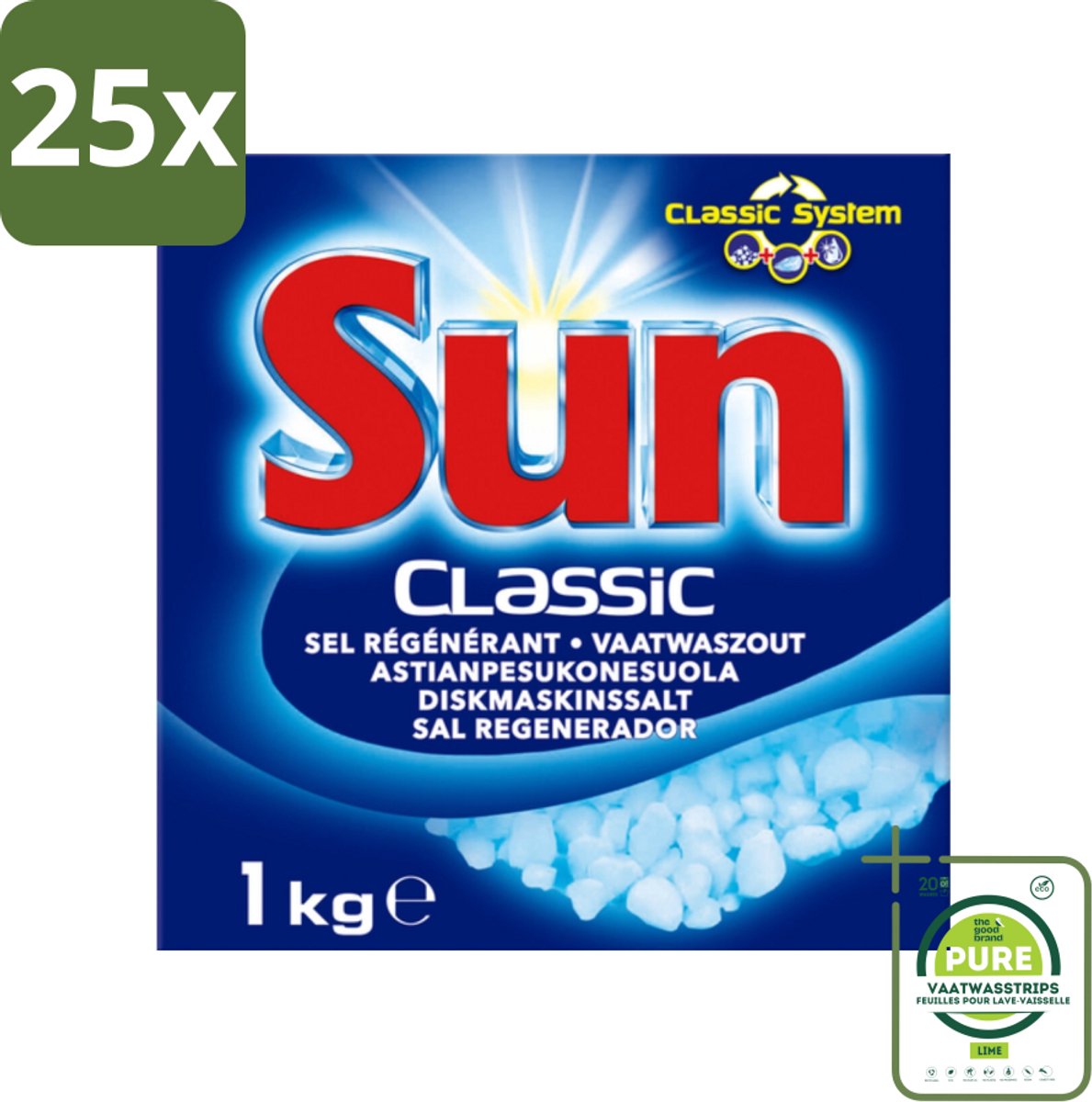 25 x Sun Classic - Vaatwaszout - Klassiek Systeem - 1 kg - Grootverpakking - Vaatwaszout - Vaatwasser Schoonmaken - Kalkaanslag Voorkomen - Vaatwasser Onderhoud - Vaatwasser Zout