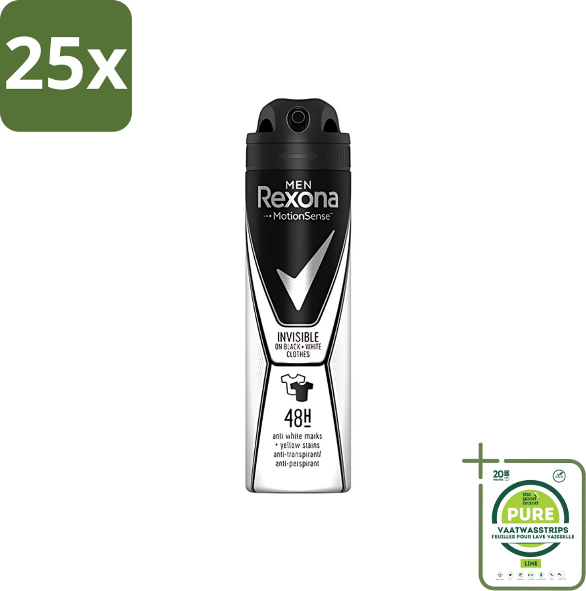 25 x Rexona Men - Deodorant Spray - Motion Sense - Invisible Black & White - Anti-Transpirant & Perspirant - 150ml - Grootverpakking - Rexona Mannen Deodorant - Anti-transpirant - Witte Strepen - Gele Vlekken - MotionSense