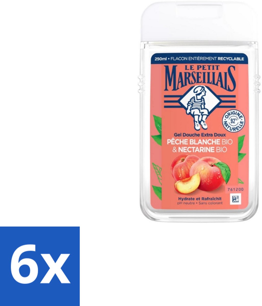 Le Petit Marseillais – Douchegel – Pêche Blanche & Nectarine Bio – 250 ml - Voordeelverpakking - 6 stuks