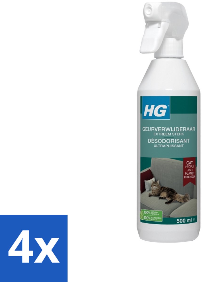 4 x HG - Geurverwijderaar - Extreem Sterk - Tegen Kattengeuren - 100% Biologisch - 500 ml - Kattengeur - Geurverwijderaar - Kattenspray - Kattenbakgeur - Huisdiergeur