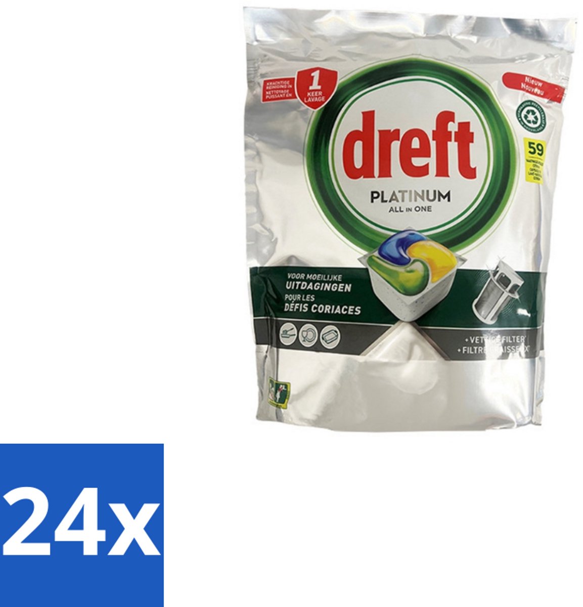 24 x Dreft – Vaatwastabletten – All-in-One Platinum – Lemon – 59 Tabletten - Vaatwastabletten - Vaatwasser - Vetverwijderen - Glasbescherming - Citroengeur