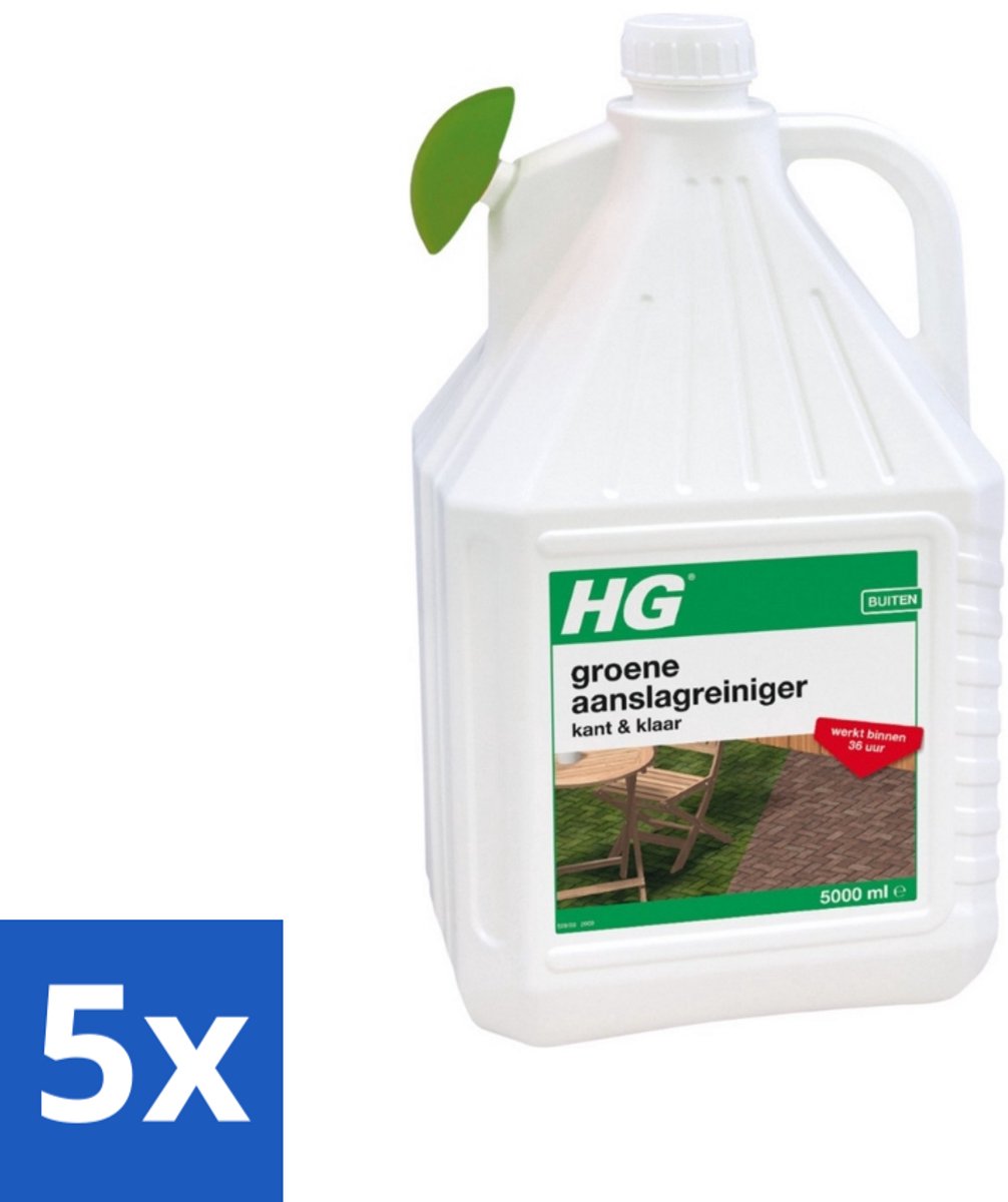 5 x HG - Buiten - Groene Aanslagreiniger - Kant & Klaar - Resultaat Binnen 36 Uur - 5L - Groene Aanslag Verwijderen - Buitenoppervlak Reinigen - Terras Reinigen - Balkon Reinigen - Beelden Reinigen