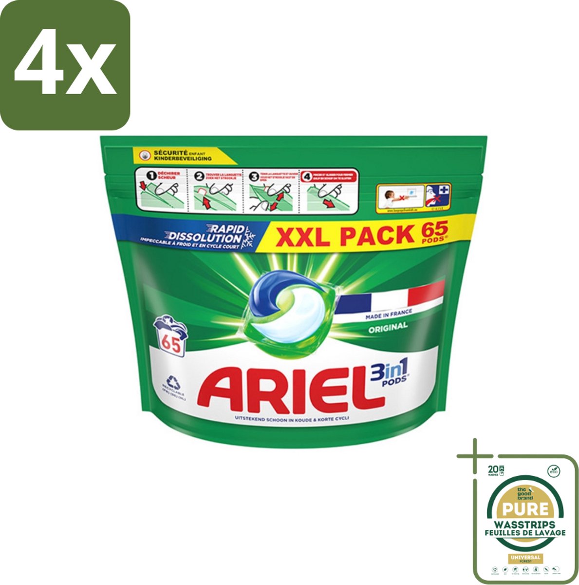 Ariel – Pods All-in-1 – Original – 65 wasbeurten - Voordeelverpakking - 4 stuks - Krachtige reiniging - Vlekverwijdering