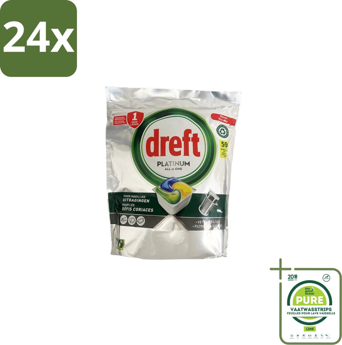Dreft – Vaatwastabletten – All-in-One Platinum – Lemon – 59 Tabletten - Voordeelverpakking - 24 stuks - Vaatwastabletten - Vaatwasser