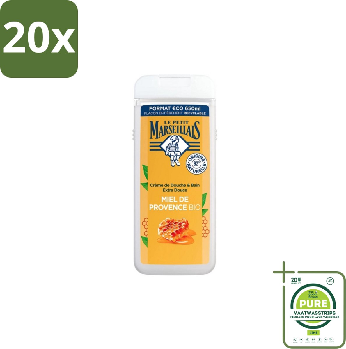 20 x Le Petit Marseillais – Douche & Bad – Honing – 650 ml - Grootverpakking - Douche En Bad - Honing - Huid Verzorging - Schuim - Zachte Huid