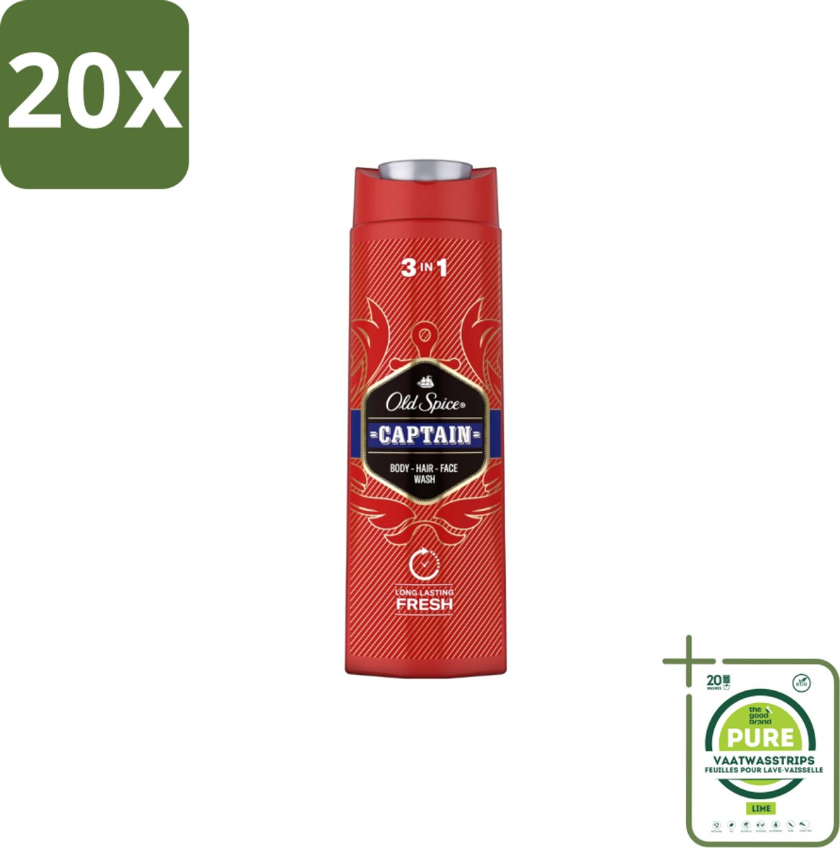 20 x Old Spice – Douchegel – Captain – 400 ml - Grootverpakking - Douchegel Voor Mannen - Gezichtsreiniging - Haarreiniging - Lichaamreiniging - Fris Geur