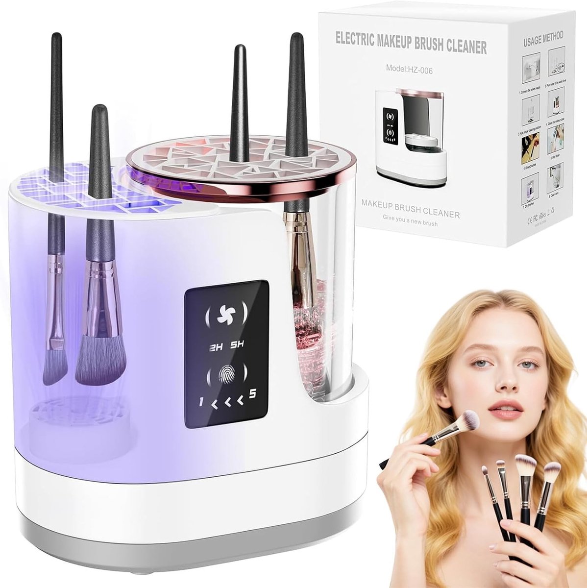 Efficiënte 3-in-1 Make-up Borstelreiniger met Droger en Houder, USB-aangedreven Automatische Borstelreiniger voor Cosmetische Borstels en Beauty Blenders in Slechts 5 Minuten