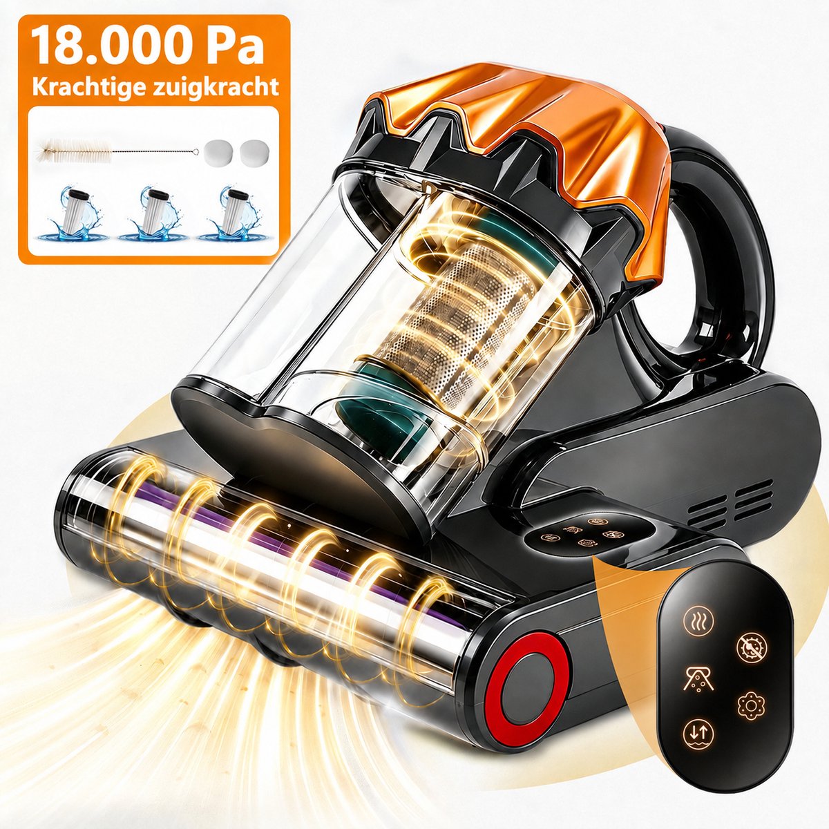 Grenintol Huisstofmijt Stofzuiger – Mijtverwijderaar met UV-C– 18.000 Pa, 550 W – HEPA-filter – Handheld Matrasreiniger – Bacterie, Mijt & Schimmel Bestrijder voor Matras en Meubel – 5 m Snoer – Goudkleurig