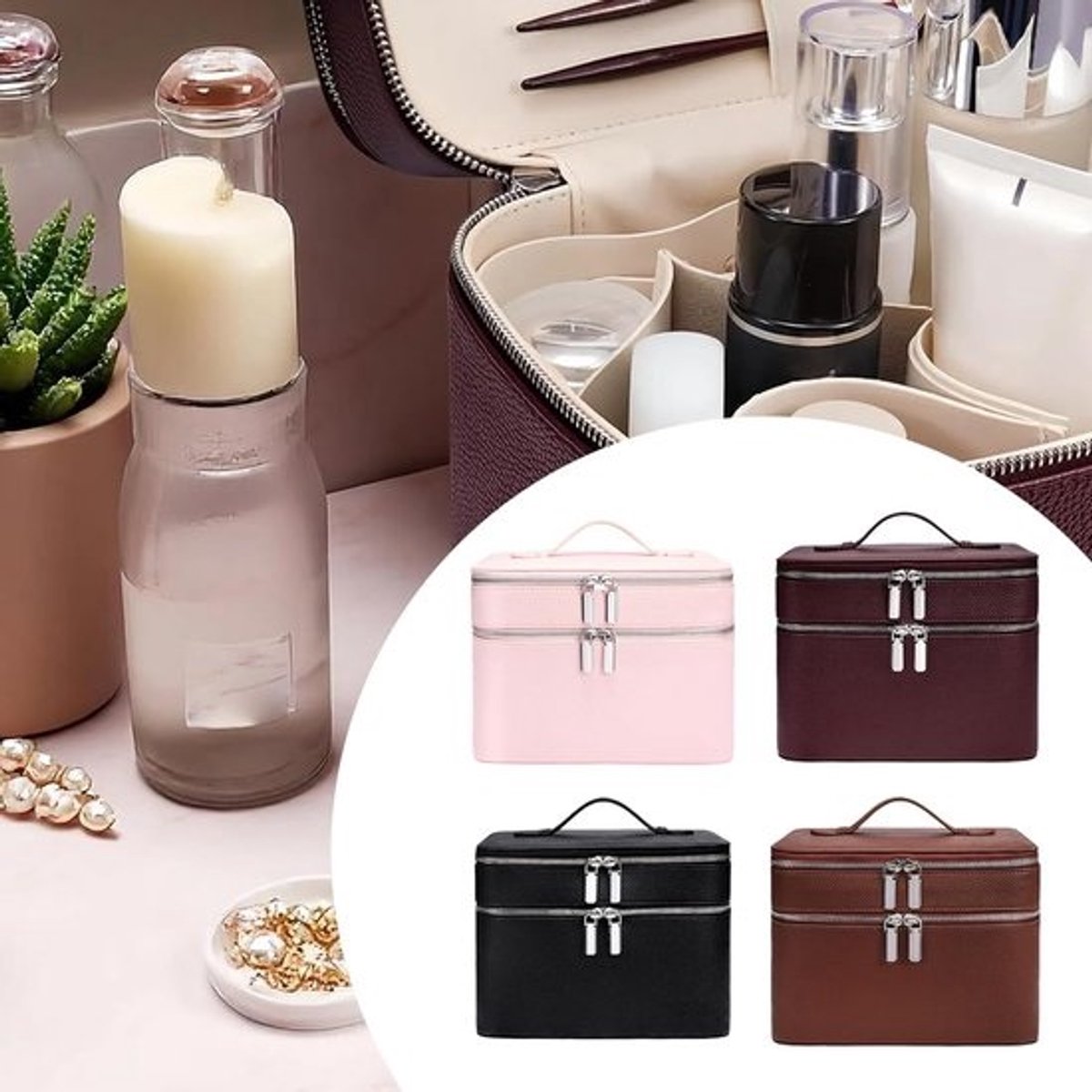 Draagbare Make-up Tas - Cosmetische Koffer - Make-up Organiseren - Twee Niveaus Ontwerp - 24 x 18 x 17 cm