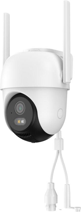 Witte beveiligingscamera met twee antennes, een zwarte lensbehuizing en twee kabels.