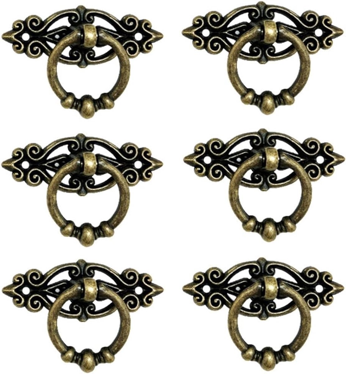 Antieke Ring Trekhandgrepen Set van 6 met Schroeven voor Vintage Kastdeuren en Lades, Retro Knop in Antiek Messing, Decoratieve Meubelaccessoires