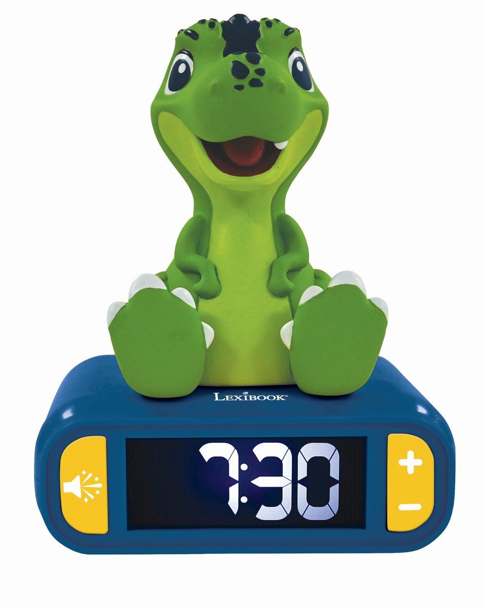 Dinosaur Nachtlampje met Alarmklok - LCD Scherm, Geluiden en Melodieën - Blauw/Groen