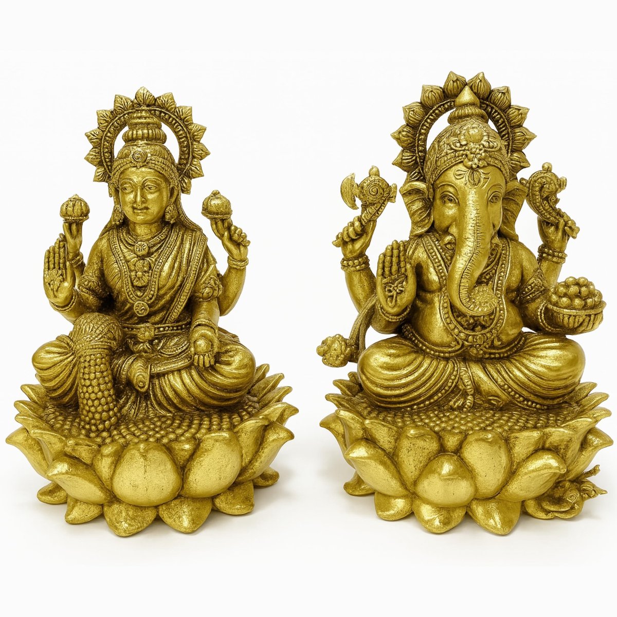 Brass Lakshmi Ganesha Beeld Set - Antiek Gouden Afwerking - 10 cm Hoog