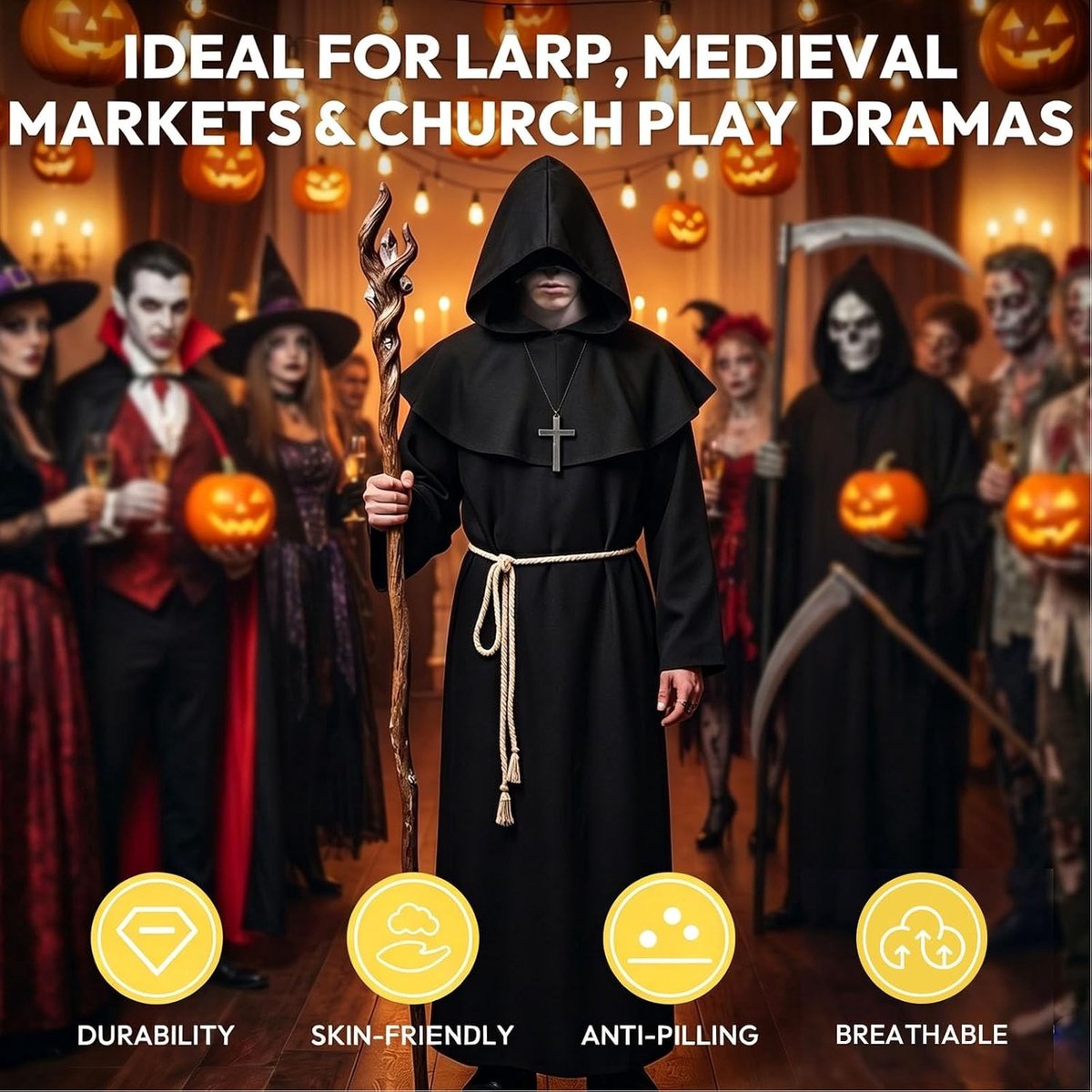 Middeleeuwse Monnik Kap met Kap, Renaissance Priester Gewaad voor Volwassenen, Perfect voor Halloween en Cosplay