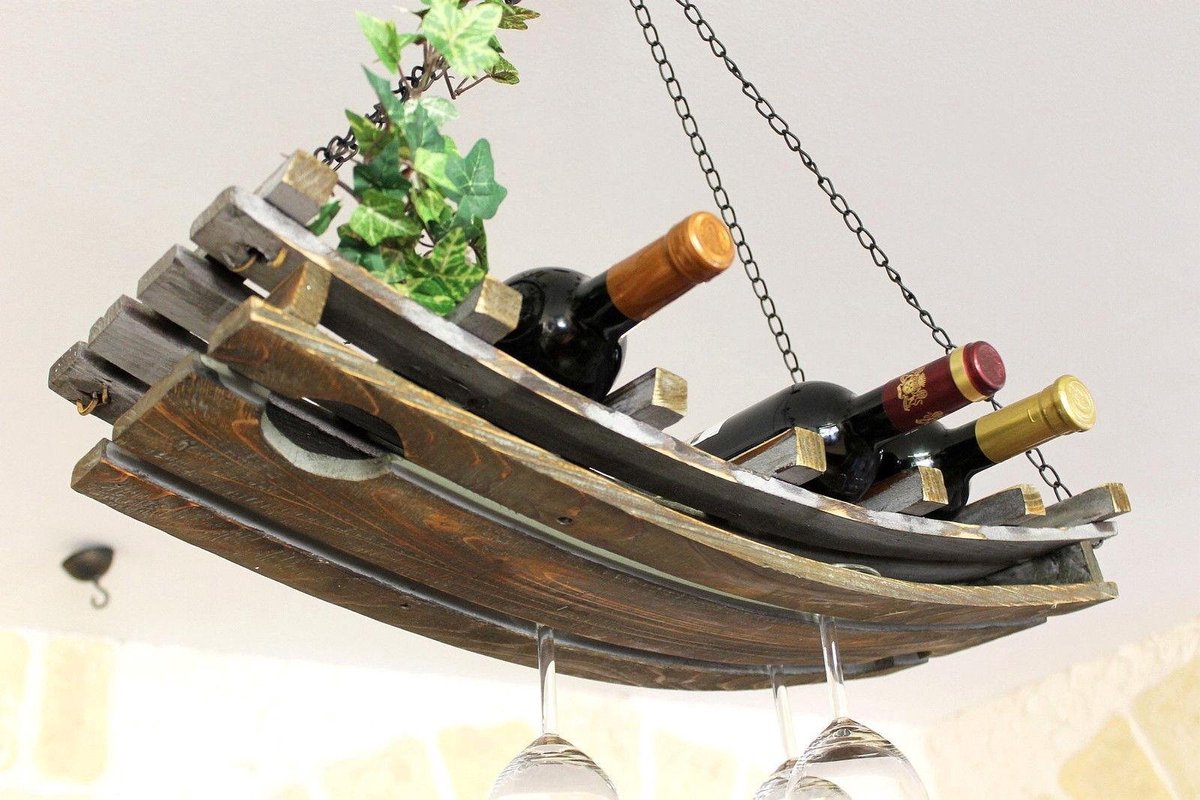 Houten Plafondrek - 65 cm - Met Flessenhouder en Glas