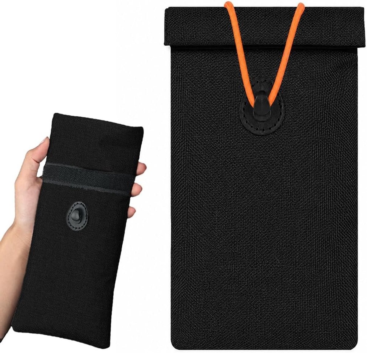 Signaalblokkerende tas voor mobiele telefoons en autosleutels, met koordsluiting en Oxford-stof (17 x 9,5 cm, zwart) - Bescherming tegen RFID-diefstal en privacybehoud