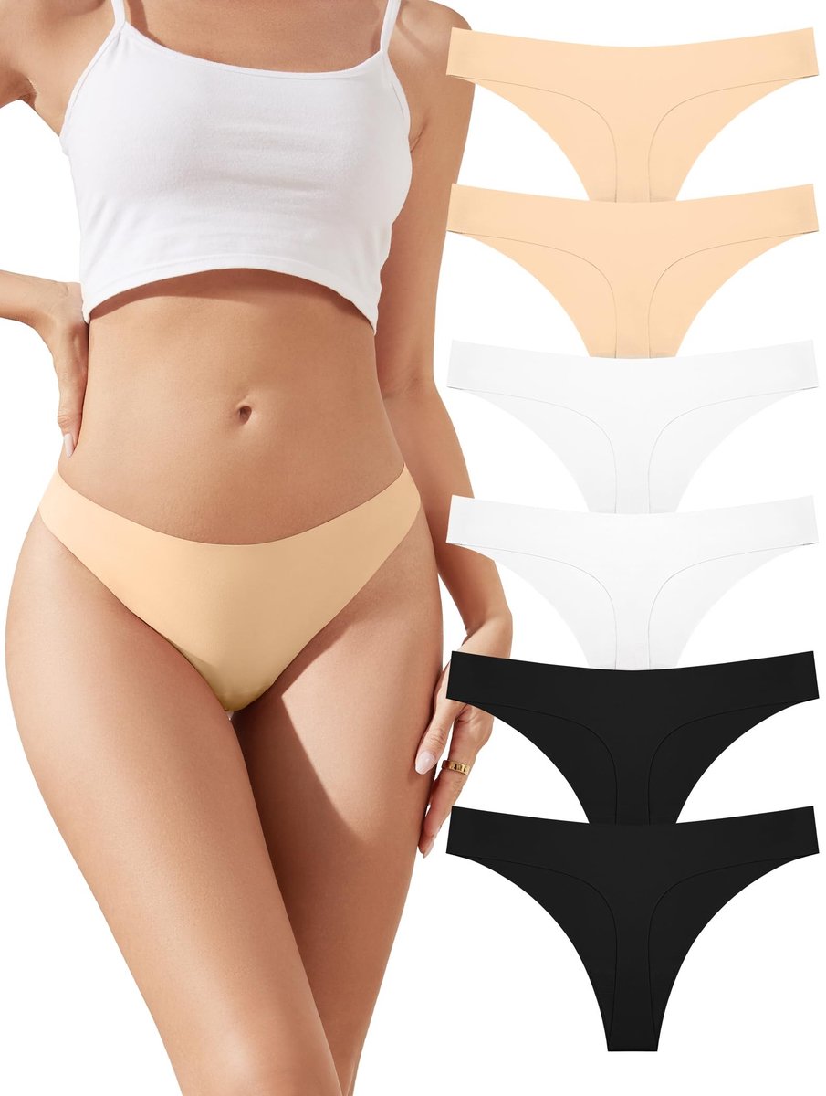 Seamless Thong Ondergoed - 6 Stuks in Zwart, Wit en Huidskleur