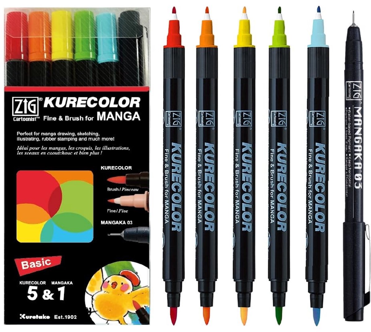 Alcohol-Based Marker Pens - 5 Kleuren met Zwart