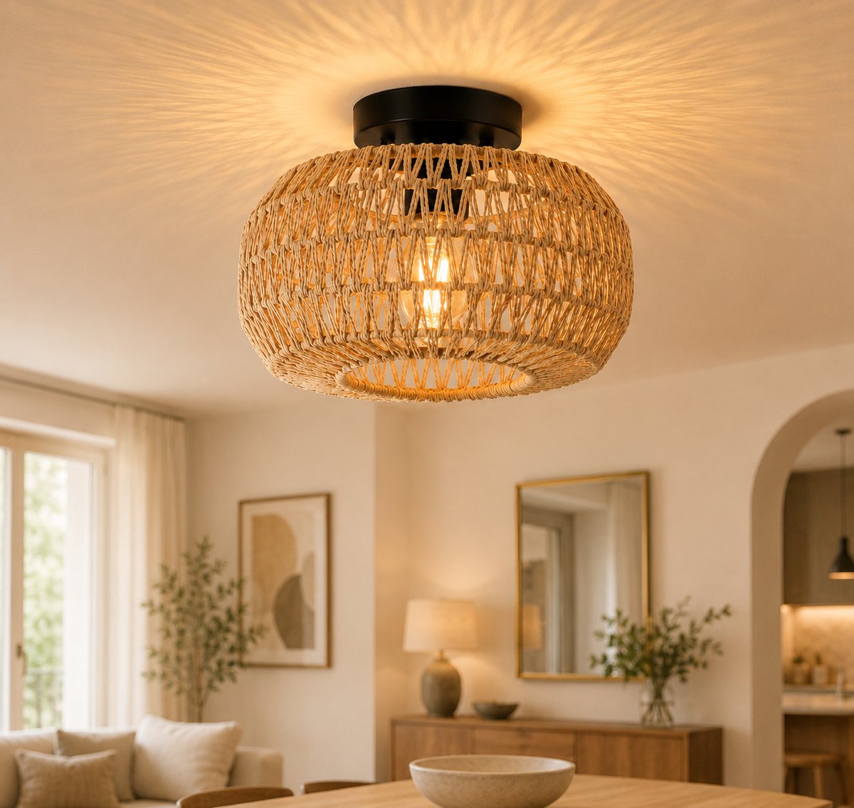 LAPAMAX Rotan Plafondlamp Ø28 cm - Boho Plafonnière Handgeweven met E27 Fitting - Inclusief LED Filamentlamp - Landelijke Plafondverlichting voor Slaapkamer, Hal, Woonkamer en Entree Bruin