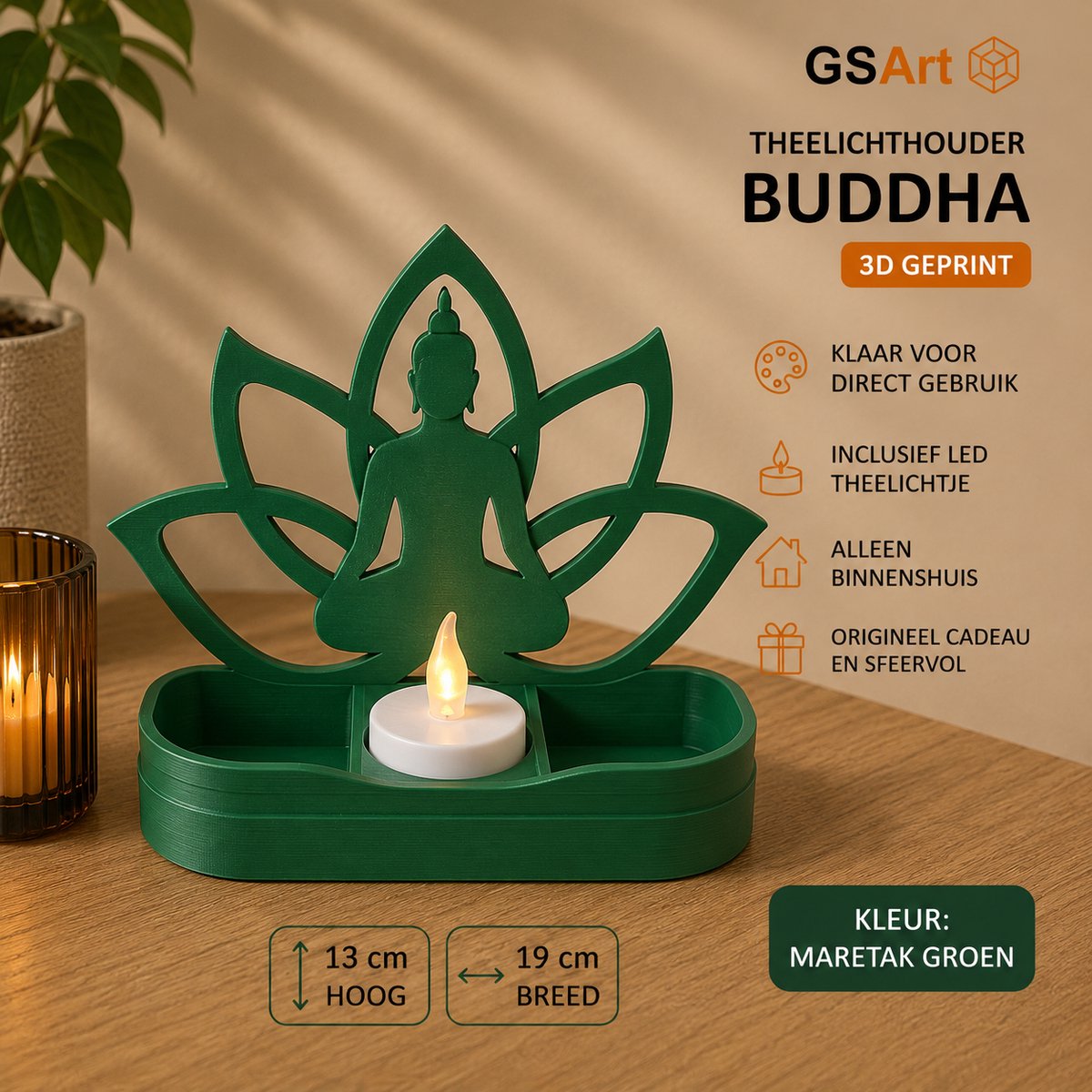 GSArt Theelichthouder Buddha 19cm – Lotus – Inclusief LED Theelichtje - Maretak Groen
