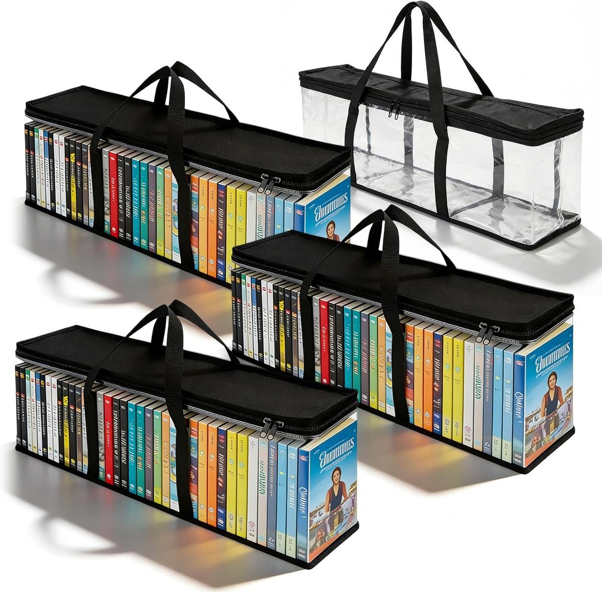 Set van 4 DVD-opbergzakken, 60 x 15 x 22 cm, voor 160 DVDs, CDs en videogames, transparant PVC en polyester met rits en versterkte handvatten
